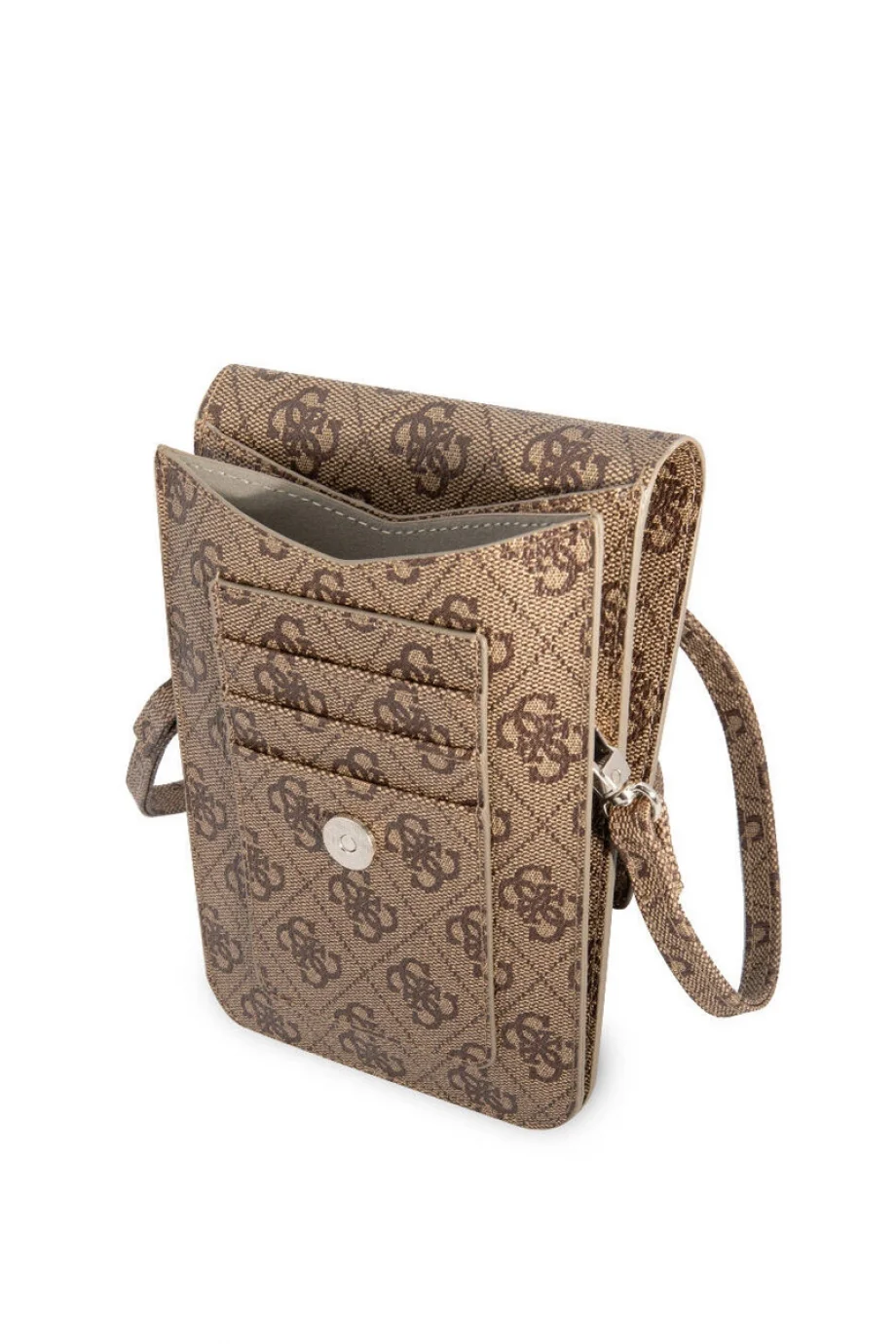 Guess 4G Desenli Üçgen Logolu 5 Hazneli Kadın Kahverengi Telefon Çantası GUWBP4TMBR