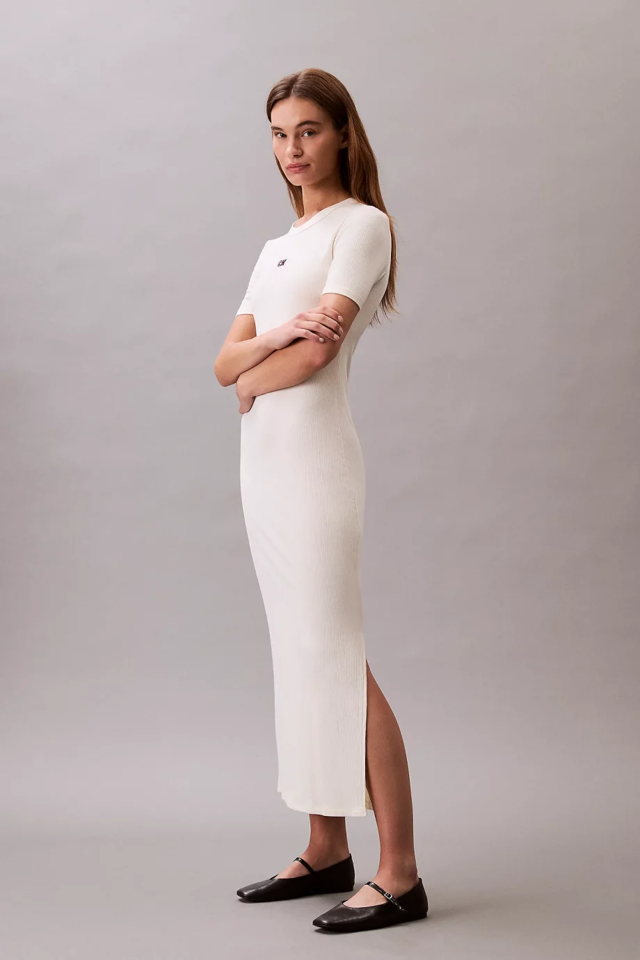 Calvin Klein A - MODAL RIB SS DRESS Kadın Beyaz Elbise LV044C902G-PBA