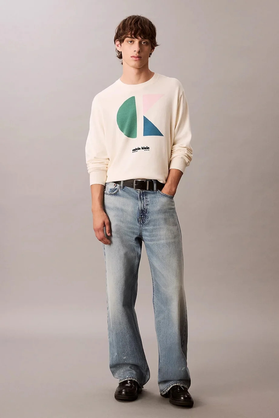 Calvin Klein Uzun Kollu Renk Bloklu Grafik Pamuklu Beyaz  Erkek Kazak LV04RC303G-YAS