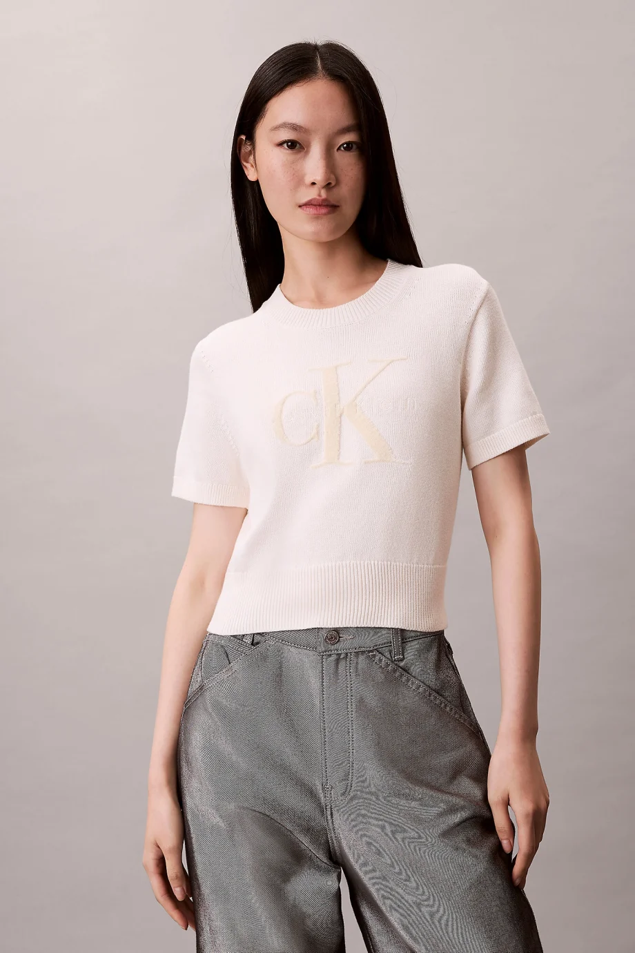 Calvin Klein Kalın Pamuklu Grafikli Süveter Kadın Beyaz Triko LV044E306G-YBH