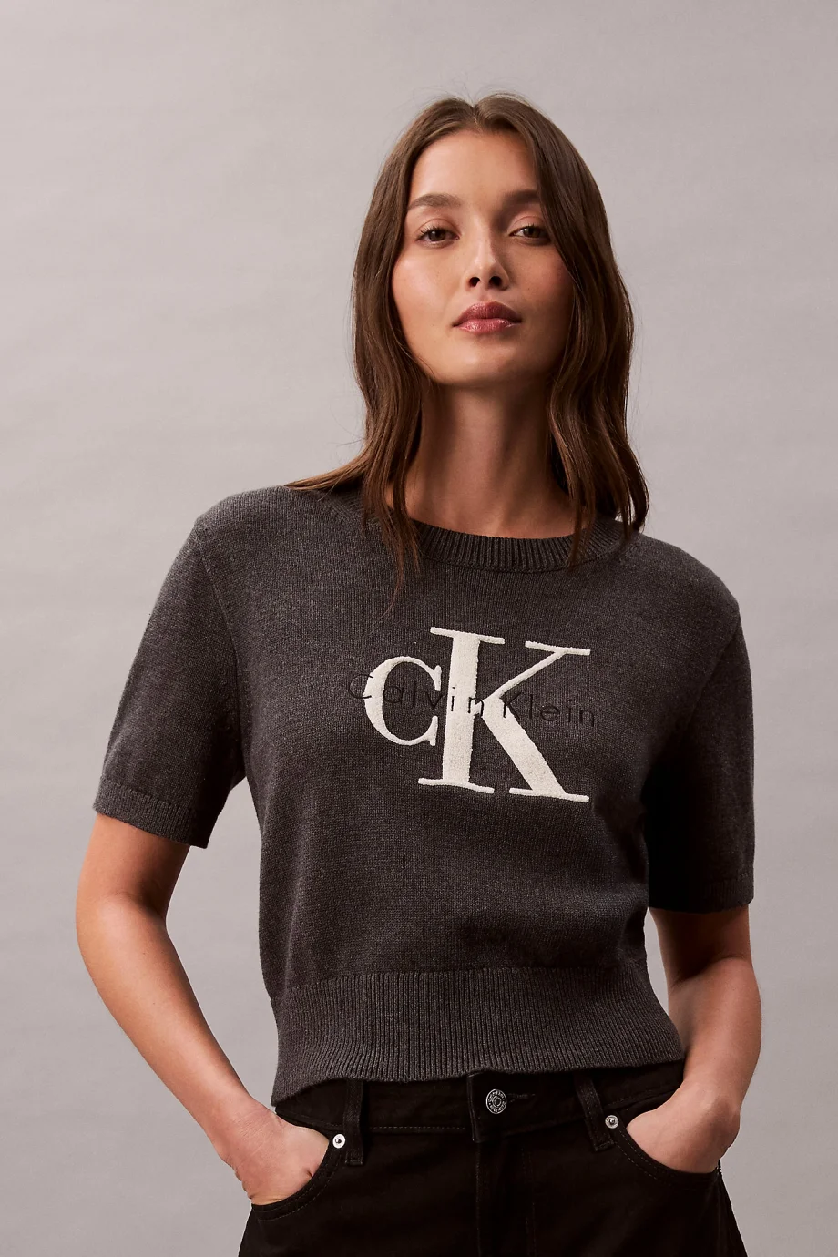 Calvin Klein Kalın Pamuklu Grafikli Süveter Kadın Gri Triko LV044E306G-P7I