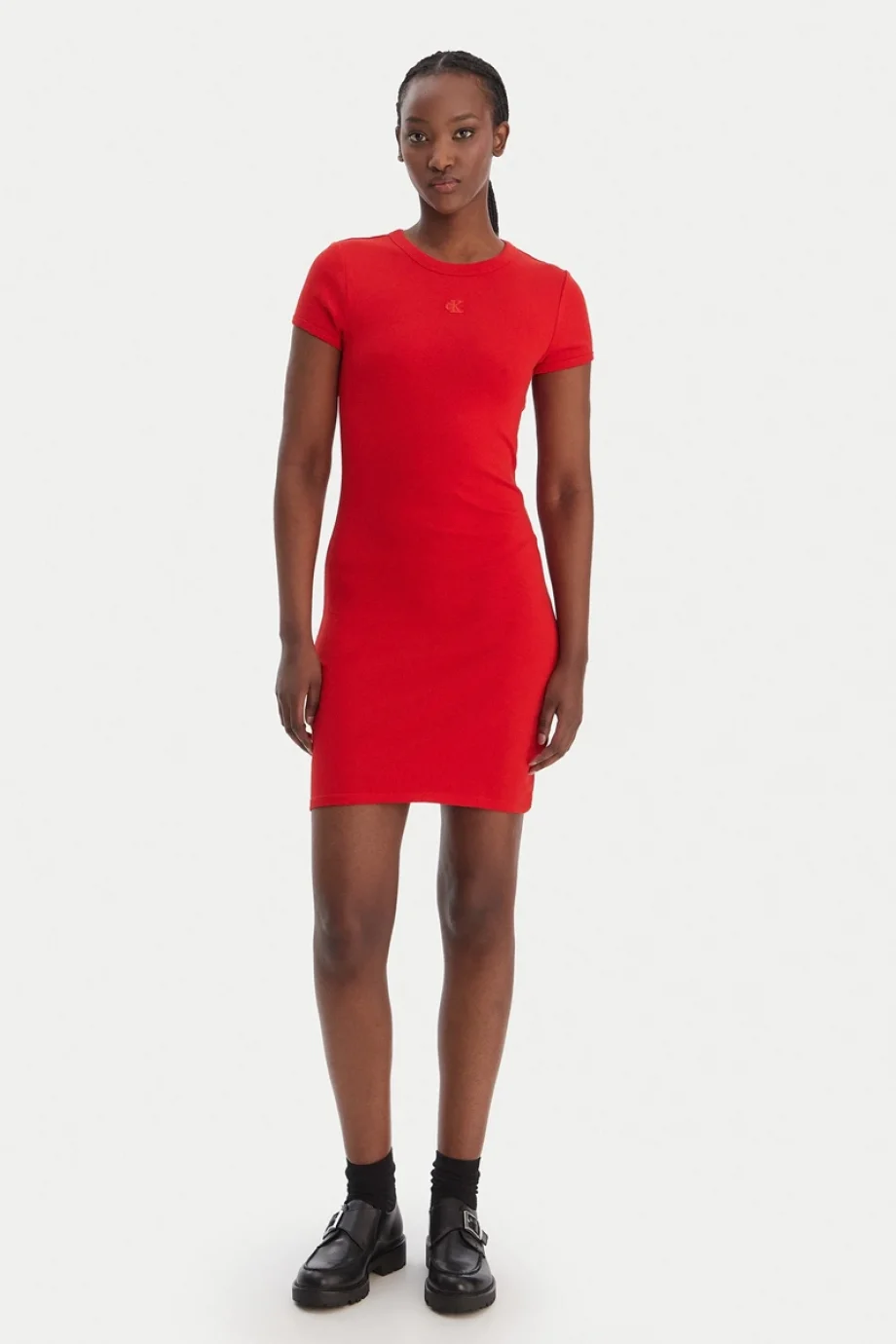 Calvin Klein Kısa Kollu Pamuklu Contour 1x1 Fitilli Kadın Kırmızı Elbise LV047B266G-VMT