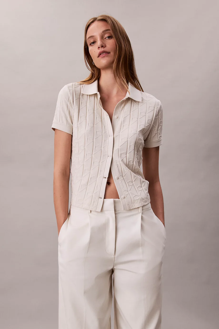 Calvin Klein Kısa Kollu Tamamı Baskılı Jakarlı Polo Kadın Beyaz   Gömlek  LV044D209G-67U