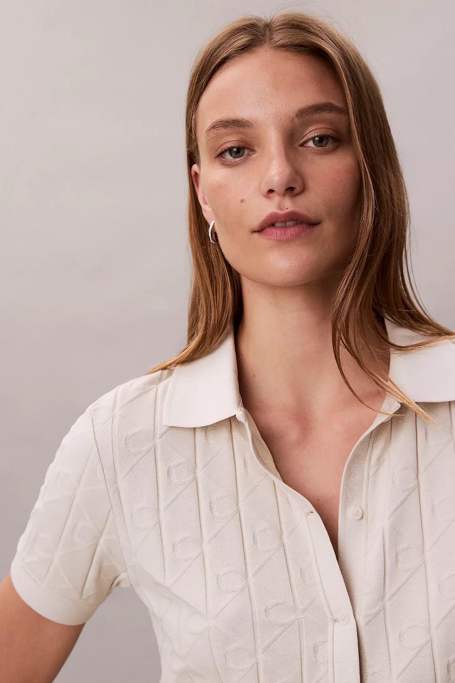 Calvin Klein Kısa Kollu Tamamı Baskılı Jakarlı Polo Kadın Beyaz   Gömlek  LV044D209G-67U