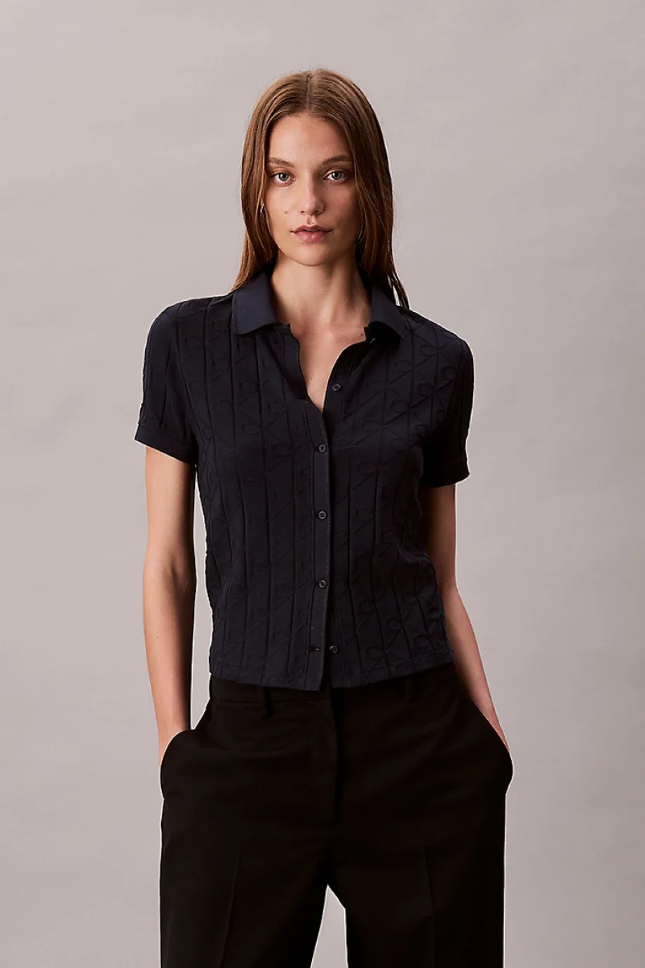 Calvin Klein Kısa Kollu Tamamı Baskılı Jakarlı Polo Kadın Mavi Gömlek LV044D209G-CEF