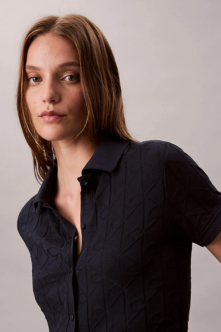 Calvin Klein Kısa Kollu Tamamı Baskılı Jakarlı Polo Kadın Mavi Gömlek  LV044D209G-CEF