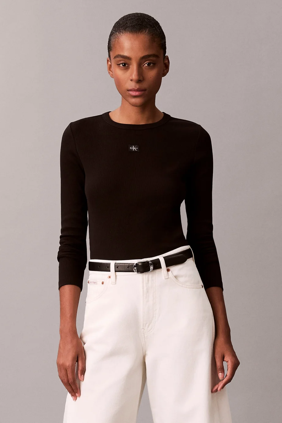 Calvin Klein Uzun Kollu Dokuma Etiketli 2x2 Fitilli Bisiklet Yaka Kadın Siyah Bluz LV047E205G-UB1