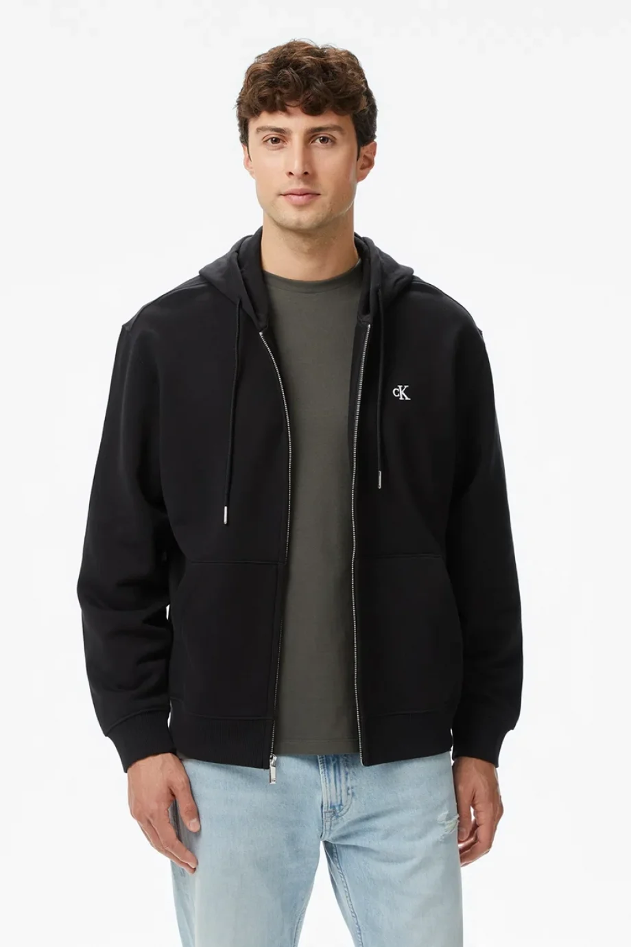 Calvin Klein Uzun Kollu EU 350 Terry Monogram Tam Fermuarlı Kapüşonlu Erkek Siyah Eşofman Üstü LV04RD240G-UB1