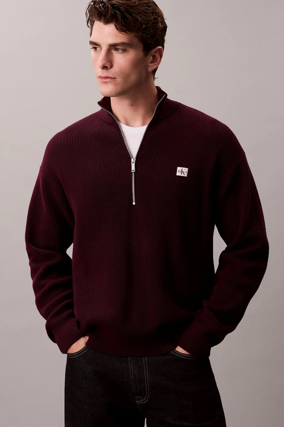 Calvin Klein Uzun Kollu Pamuklu Waffle Dokulu Yarım Fermuarlı Erkek Mor Triko LV04RE308G-5FL