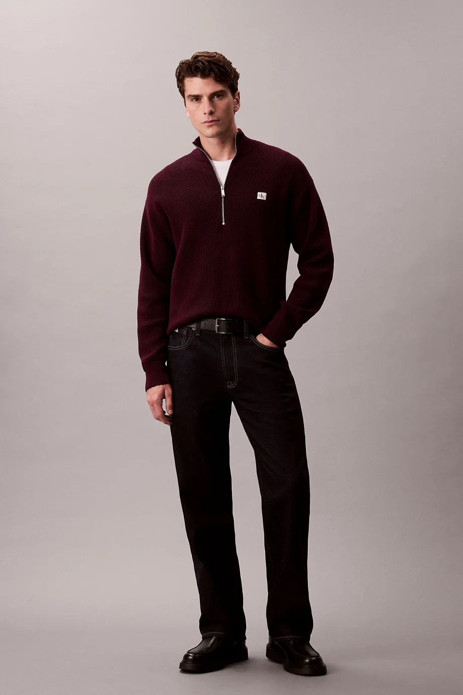 Calvin Klein Uzun Kollu Pamuklu Waffle Dokulu Yarım Fermuarlı Erkek Mor Triko LV04RE308G-5FL