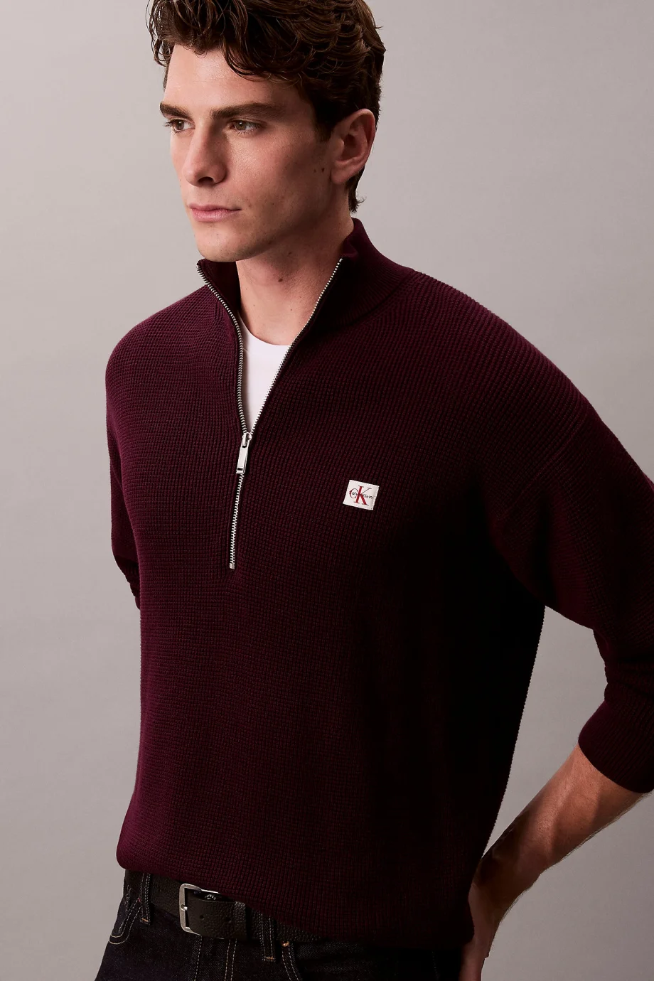 Calvin Klein Uzun Kollu Pamuklu Waffle Dokulu Yarım Fermuarlı Erkek Mor Triko LV04RE308G-5FL