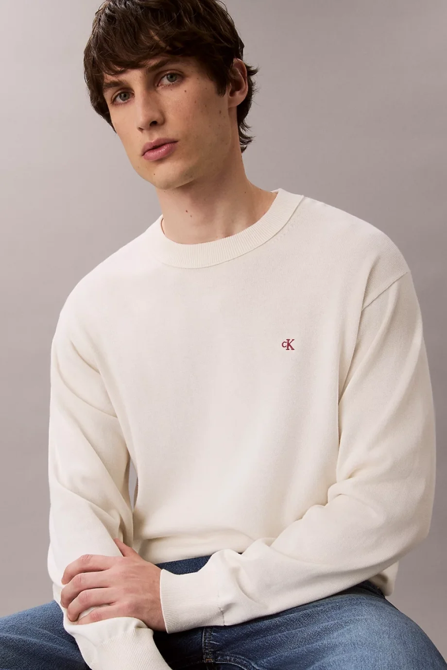 Calvin Klein Uzun Kollu Rahat Pamuklu Bisiklet Yaka Erkek Beyaz Kazak LV04RC309G-YAS