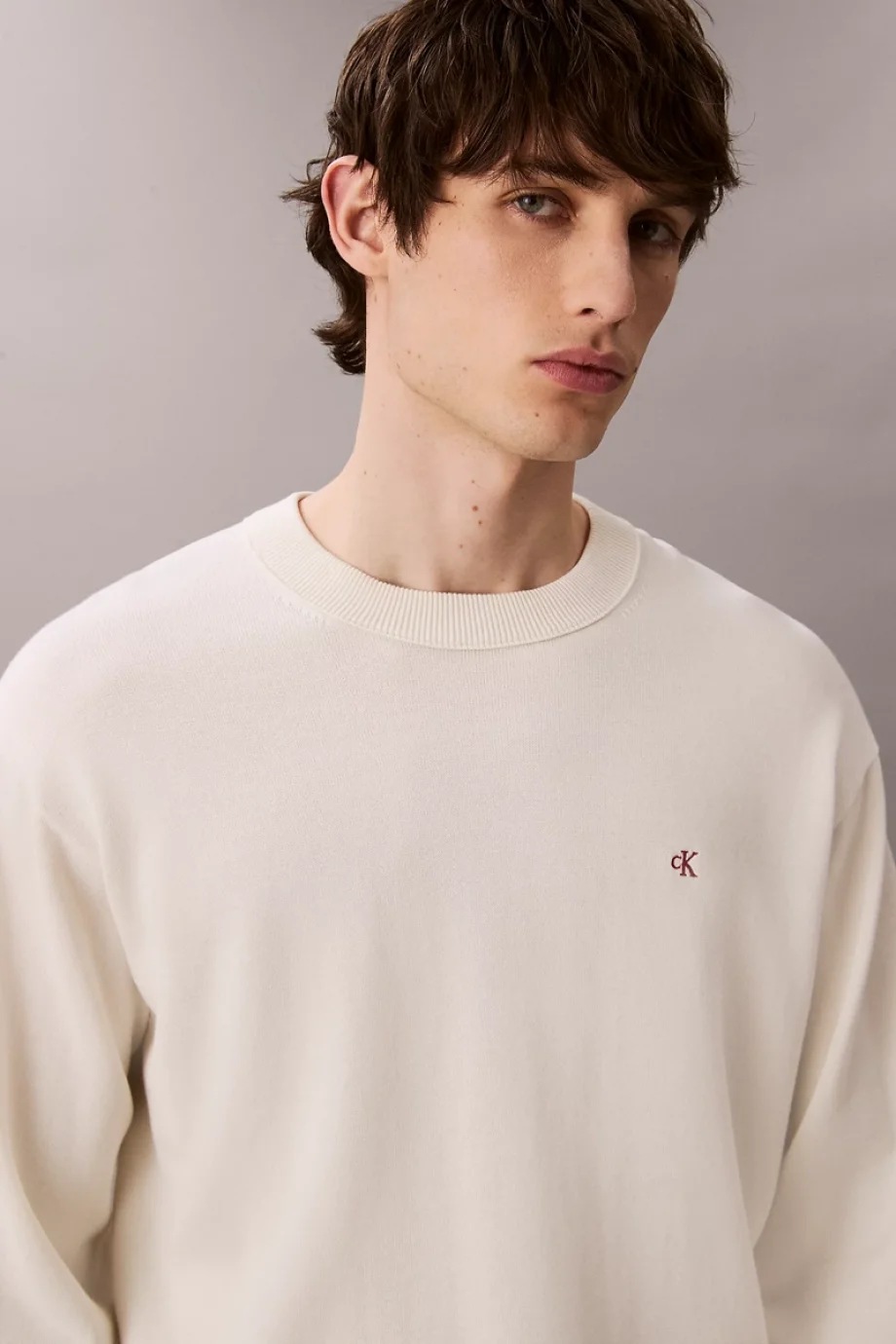 Calvin Klein Uzun Kollu Rahat Pamuklu Bisiklet Yaka Erkek Beyaz Kazak LV04RC309G-YAS