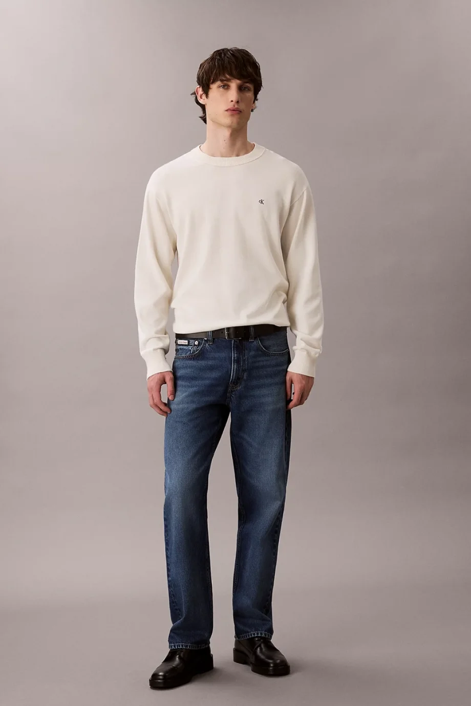 Calvin Klein Uzun Kollu Rahat Pamuklu Bisiklet Yaka Erkek Beyaz Kazak LV04RC309G-YAS