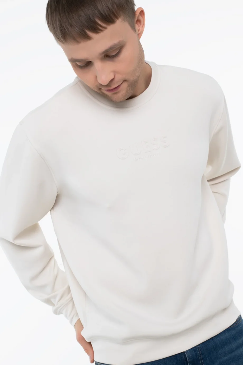 Guess Bisiklet Yaka Uzun Kollu Scuba Luxe Erkek Krem Sweatshirt M6RQ42KAYM2-G1CV