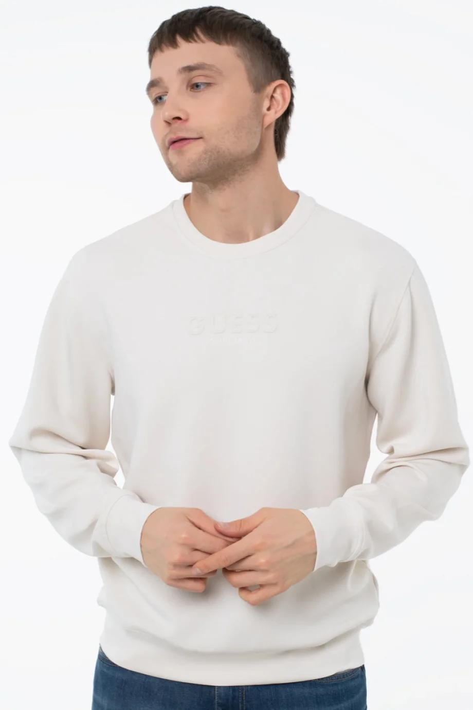 Guess Bisiklet Yaka Uzun Kollu Scuba Luxe Erkek Krem Sweatshirt M6RQ42KAYM2-G1CV