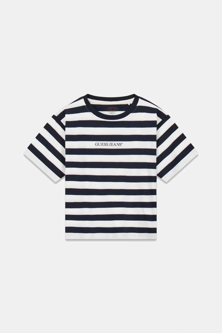 Guess GJ Kısa Kollu Bisiklet Yaka Kutulu Kesim Çizgili Kadın Lacivert T-shirt W6RI19K8HM0-S75Q