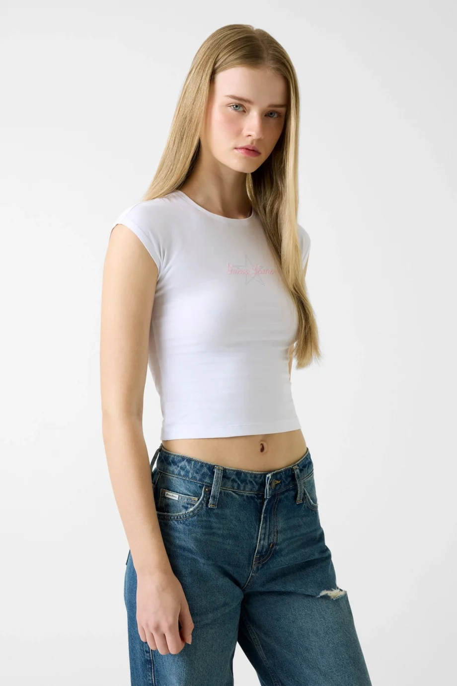 Guess GJ Kısa Kollu Reglan Yıldızlı Baby Kadın Beyaz T-shirt W6RI21J1314-G011