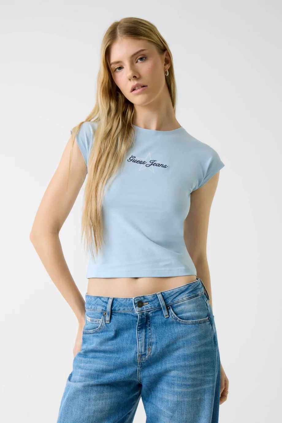 Guess GJ Kısa Kollu Reglan Yıldızlı Baby Kadın Mavi T-shirt W6RI21J1314-G7O3