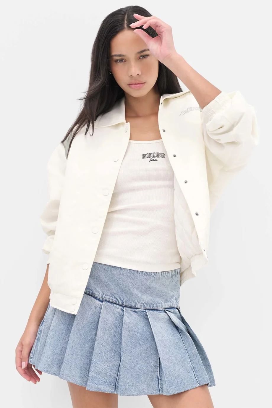 Guess GJ Kolsuz Bisiklet Yaka Nakışlı Dar Kesim Kadın Krem Top W6RP21KA0H1-G053