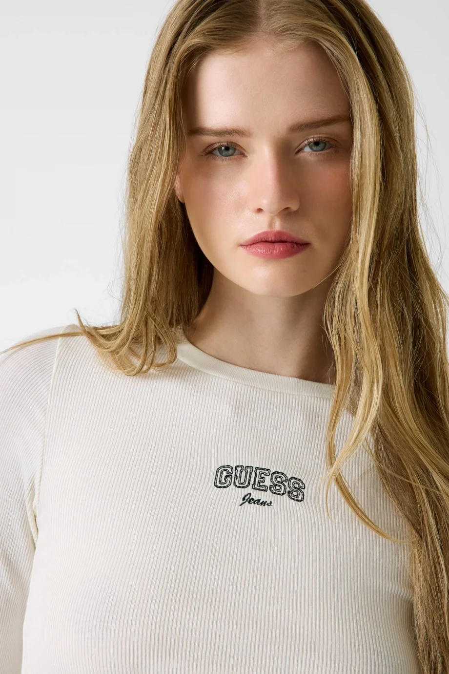 Guess GJ Uzun Kollu Bisiklet Yaka Nakışlı Dar Kesim Kadın Krem Top W6RP22KA0H1-G053