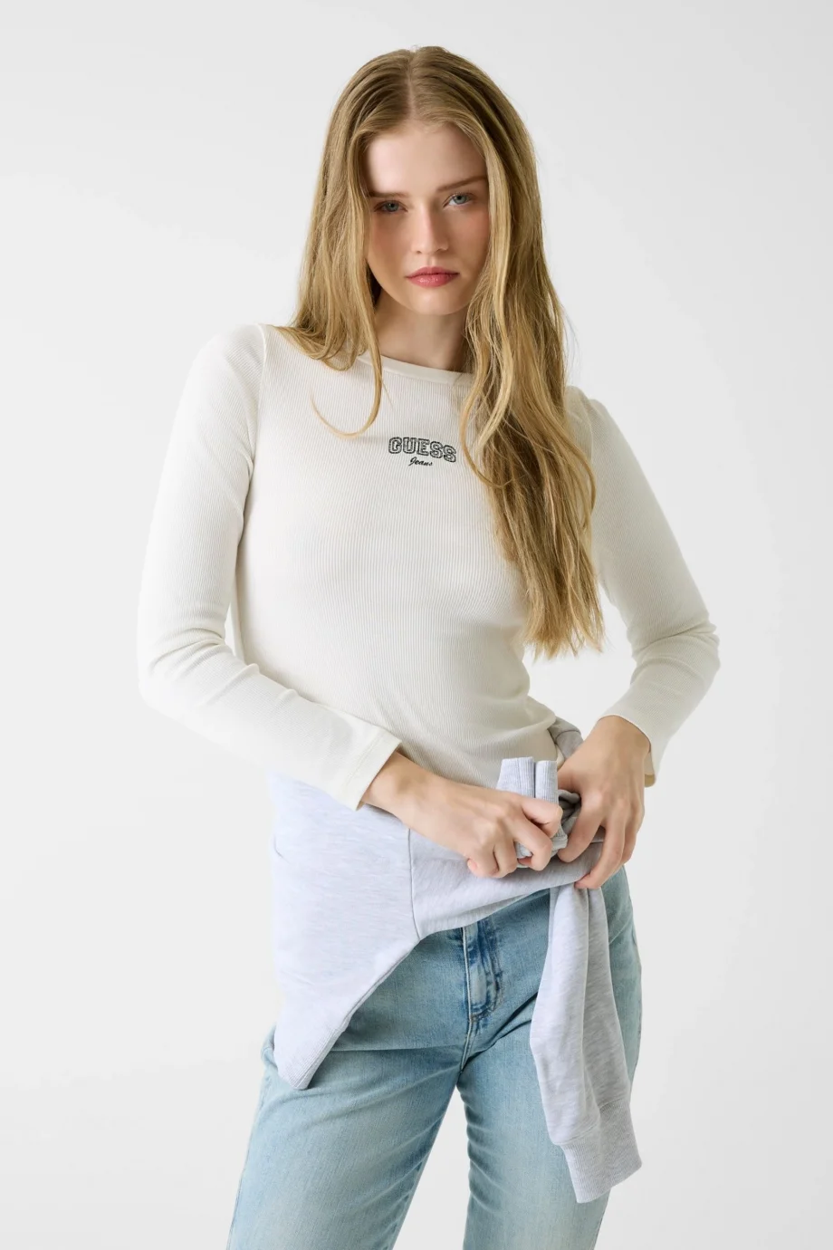 Guess GJ Uzun Kollu Bisiklet Yaka Nakışlı Dar Kesim Kadın Krem Top W6RP22KA0H1-G053