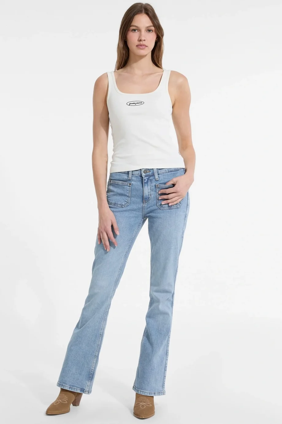 Guess Kadın Krem Nakış Logolu Ribana Crop Atlet W5YP35KA0H1-G053