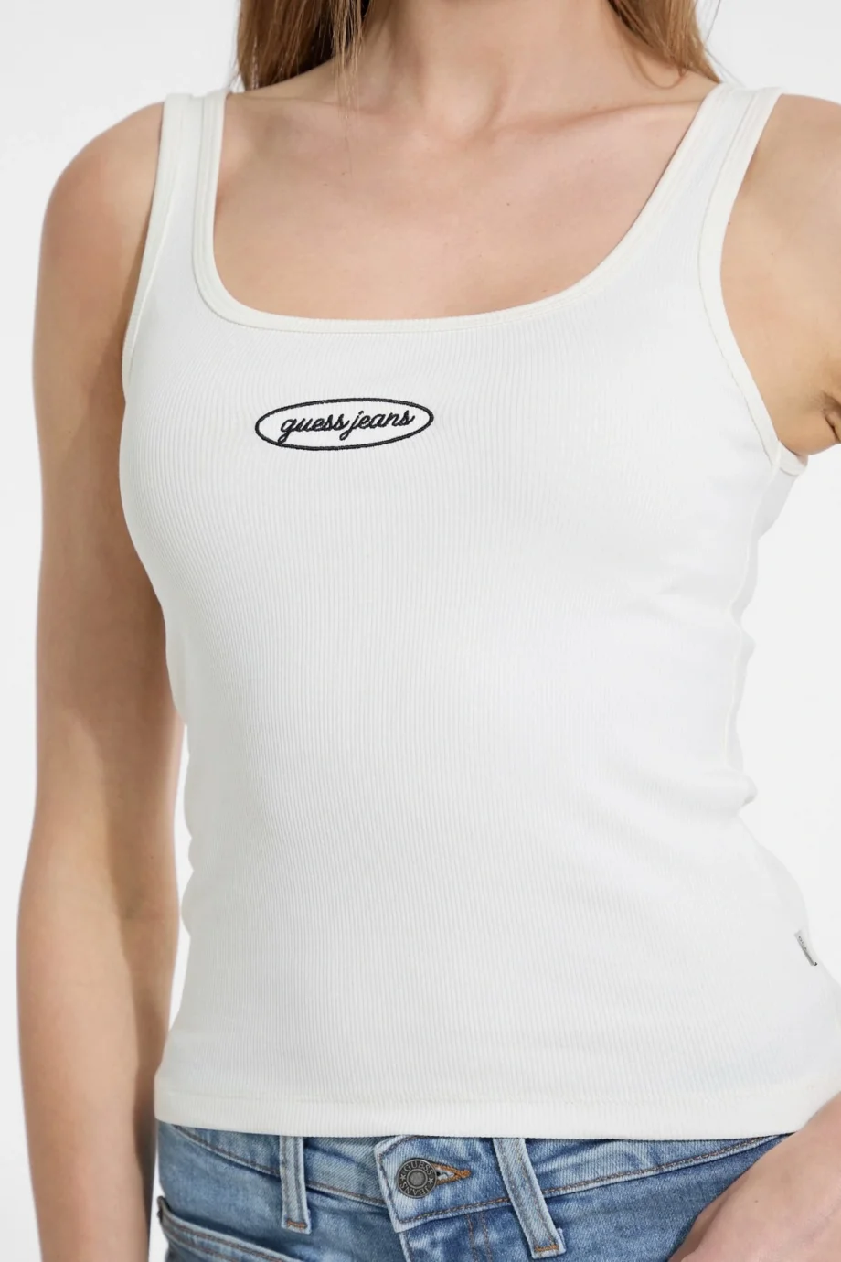 Guess Kadın Krem Nakış Logolu Ribana Crop Atlet W5YP35KA0H1-G053