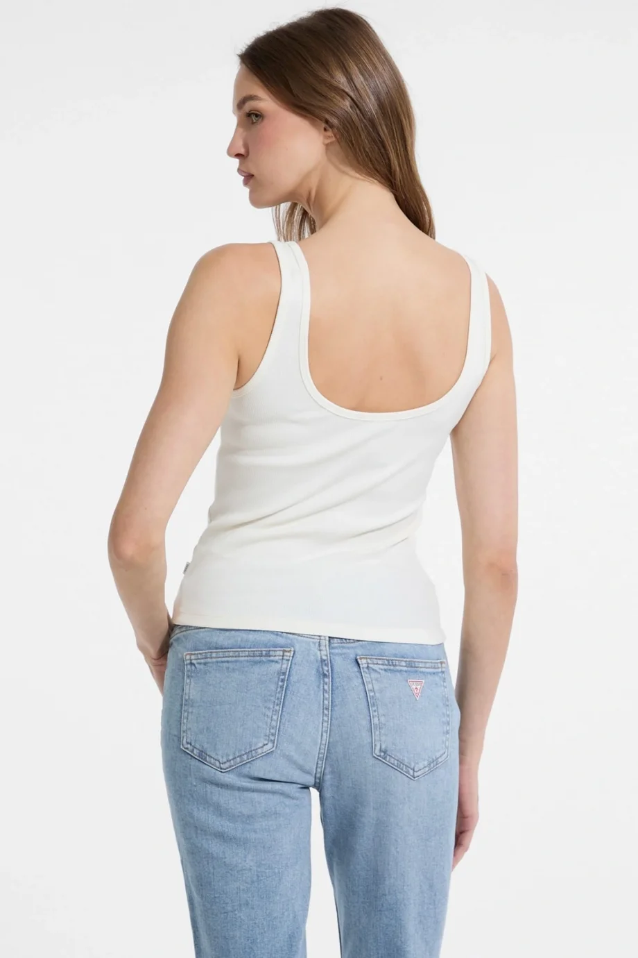 Guess Kadın Krem Nakış Logolu Ribana Crop Atlet W5YP35KA0H1-G053