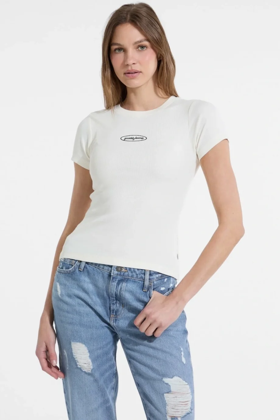 Guess Kadın Krem Rengi Slim Fit Logolu T-shirt W5YP37KA0H1-G053