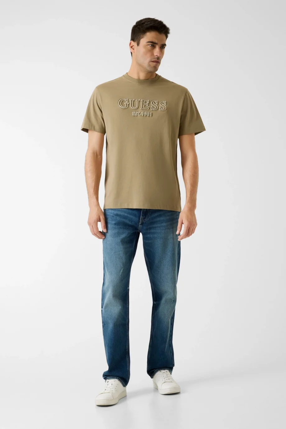 Guess Kısa Kollu Bisiklet Yaka Nakış Logolu Erkek Haki T-shirt M6RI22K8FQ4-G1ED