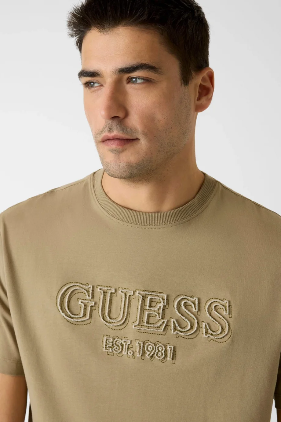 Guess Kısa Kollu Bisiklet Yaka Nakış Logolu Erkek Haki T-shirt M6RI22K8FQ4-G1ED