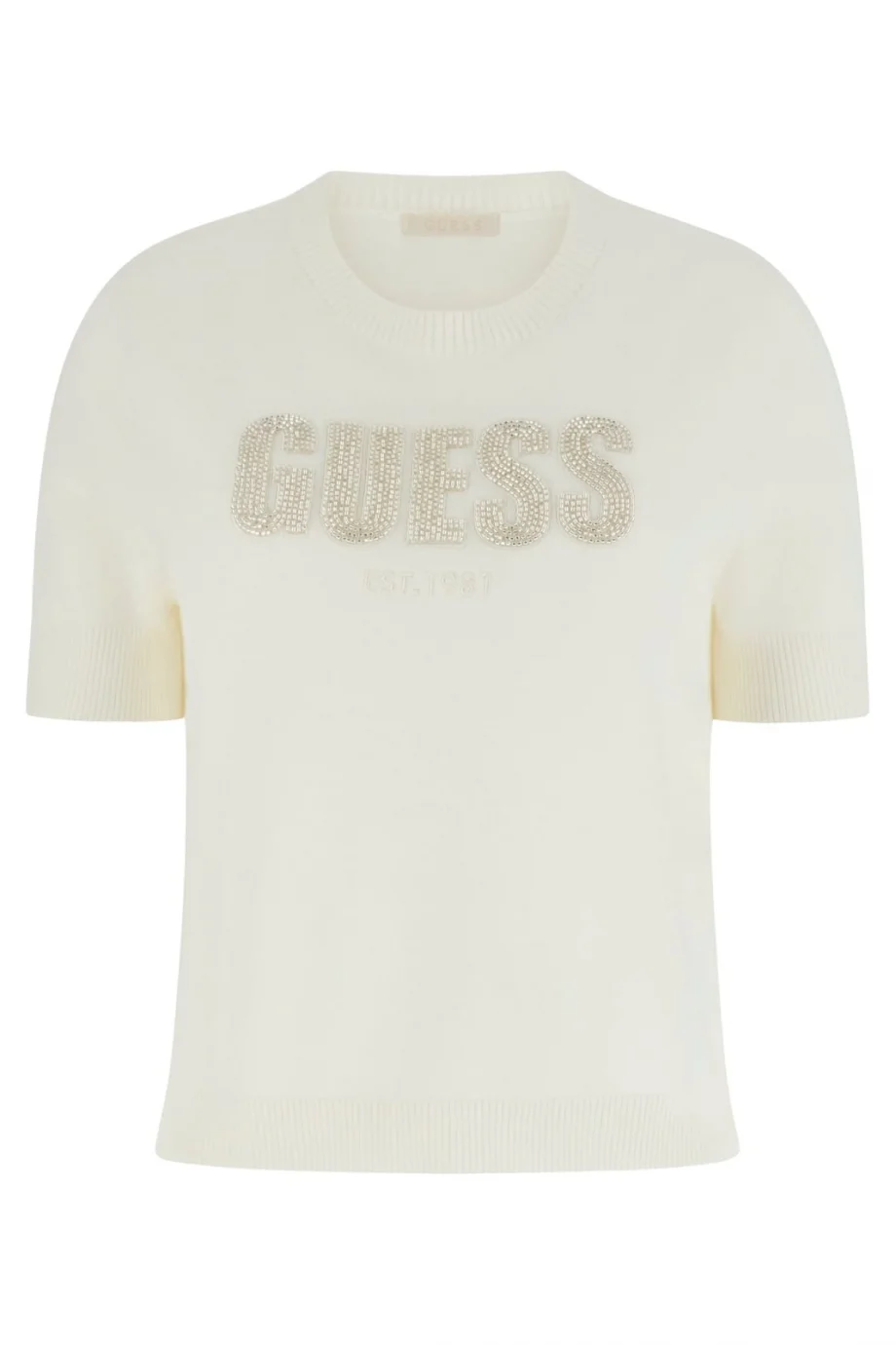 Guess Kısa Kollu Bisiklet Yaka Norah Logolu Triko Kadın Beyaz Triko W6RR47Z2NQ2-G012