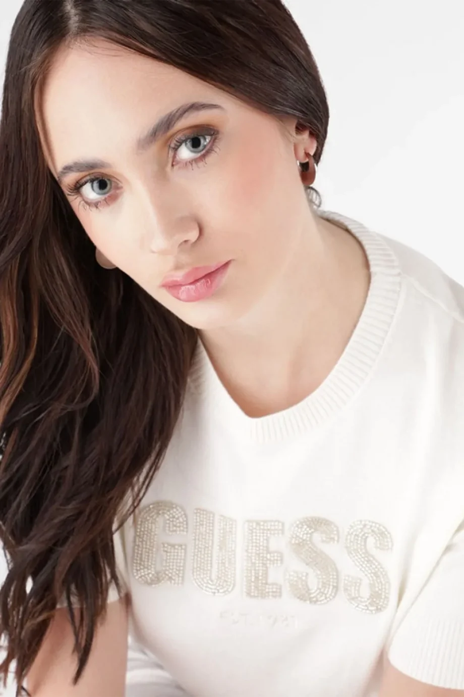 Guess Kısa Kollu Bisiklet Yaka Norah Logolu Triko Kadın Beyaz Triko W6RR47Z2NQ2-G012