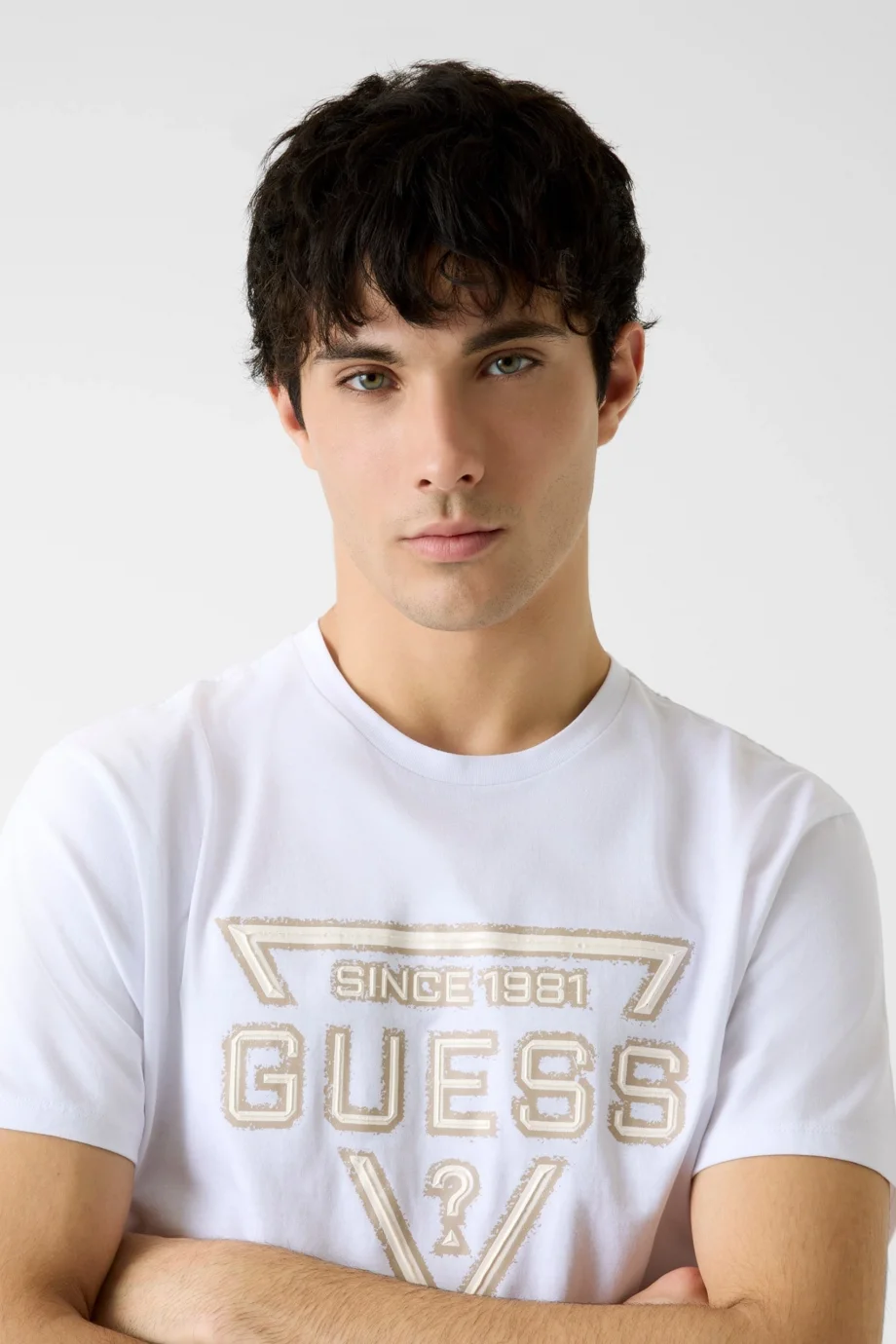 Guess Kısa Kollu Temel Boyalı Üçgen Logolu Erkek Beyaz T-shirt M6RI09I3Z14-G011