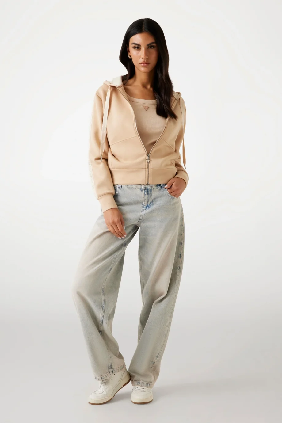 Guess New Hooded Kadın Krem Scuba  Eşofman Üstü W5YQ05KBYE2-A11T