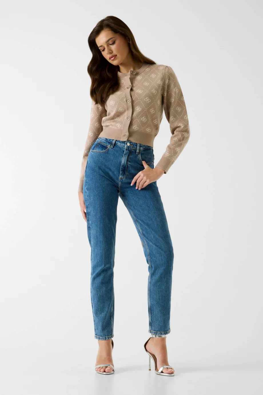 Guess Sarah 4G Uzun Kollu Bisiklet Yaka Hırka Triko Kadın Krem Hırka W4BR0DZ3JD2-FNJS