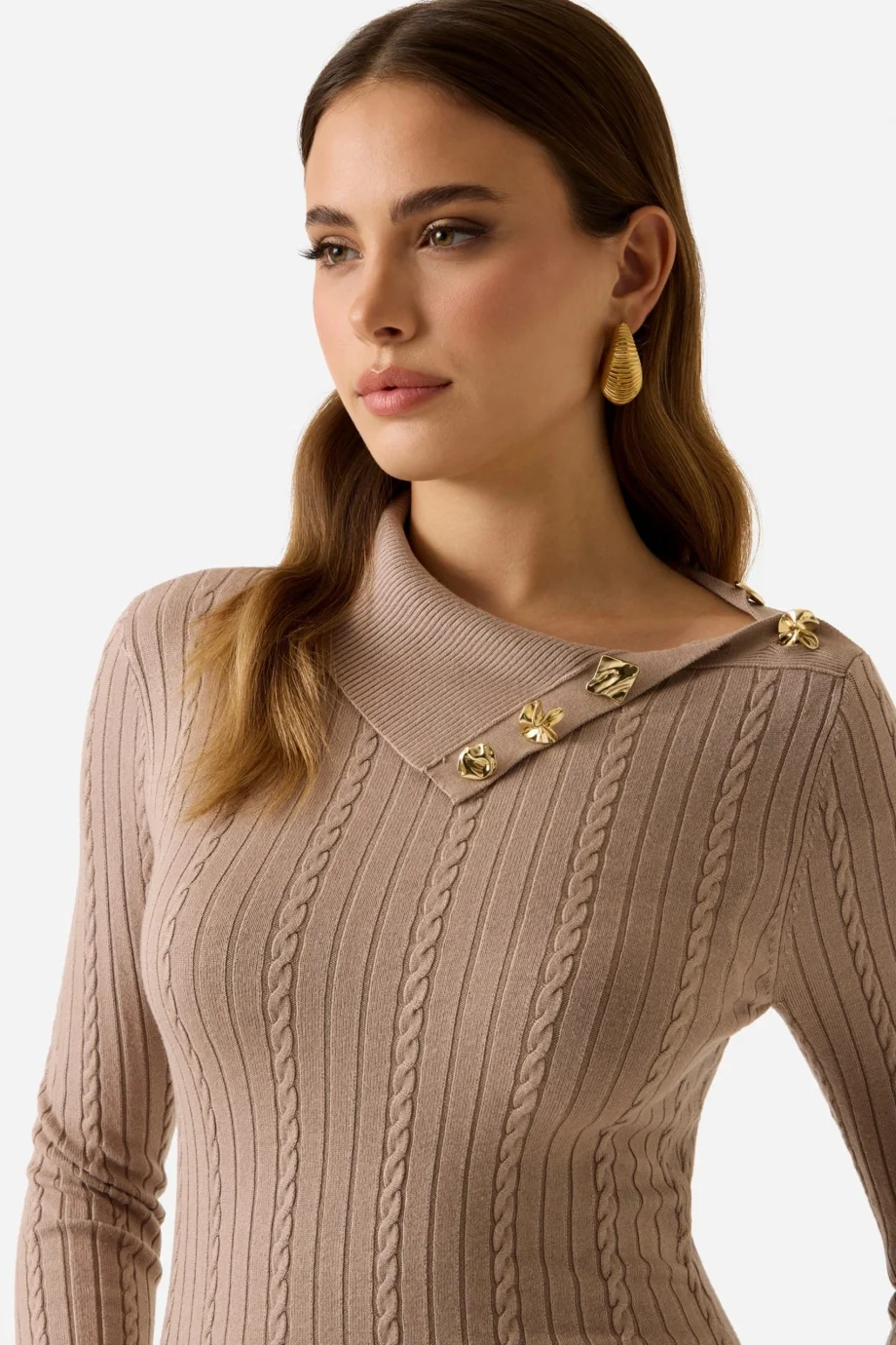 Guess Uzun Kollu Balıkçı Yaka Priscilla Saç Örgü Fitilli Kadın Bej Elbise W6RK01Z2YJ2-A10L