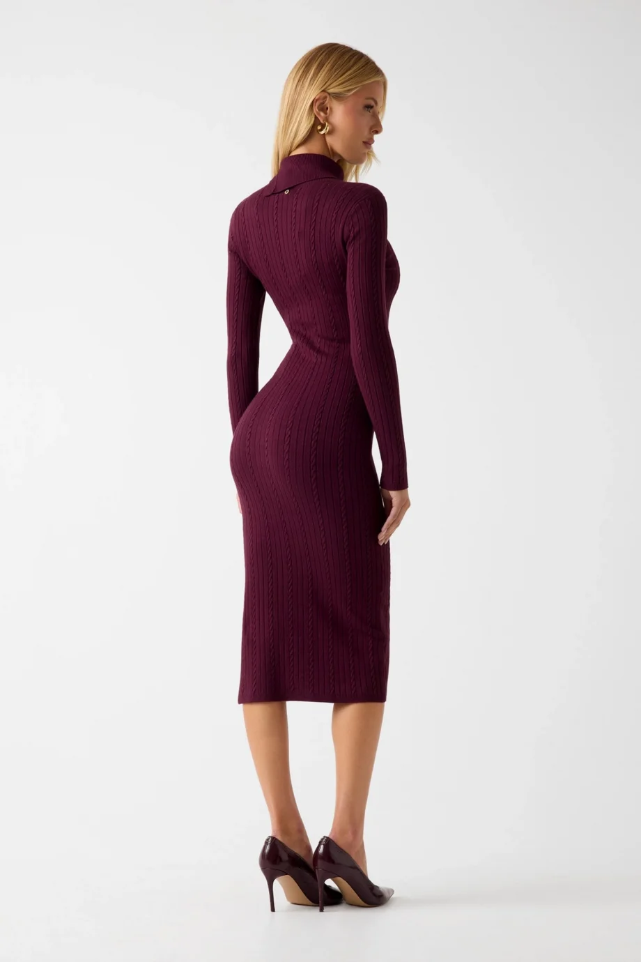 Guess Uzun Kollu Balıkçı Yaka Priscilla Saç Örgü Fitilli Kadın Bordo Elbise W6RK01Z2YJ2-RGP