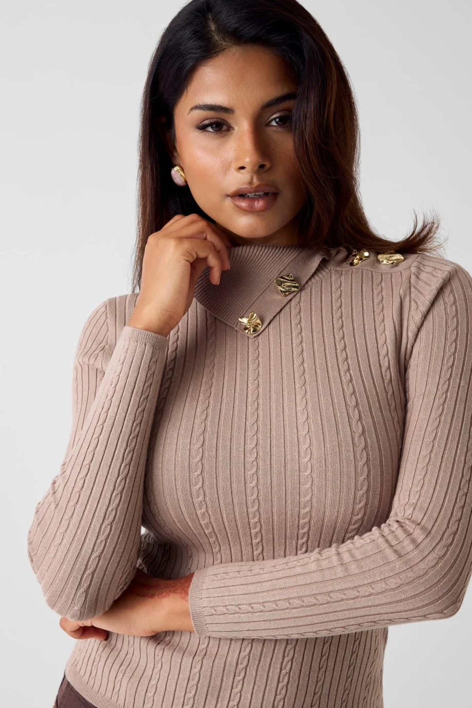 Guess Uzun Kollu Balıkçı Yaka Priscilla Saç Örgü Fitilli Triko Kadın Bej Triko W6RR07Z2YK2-A10L