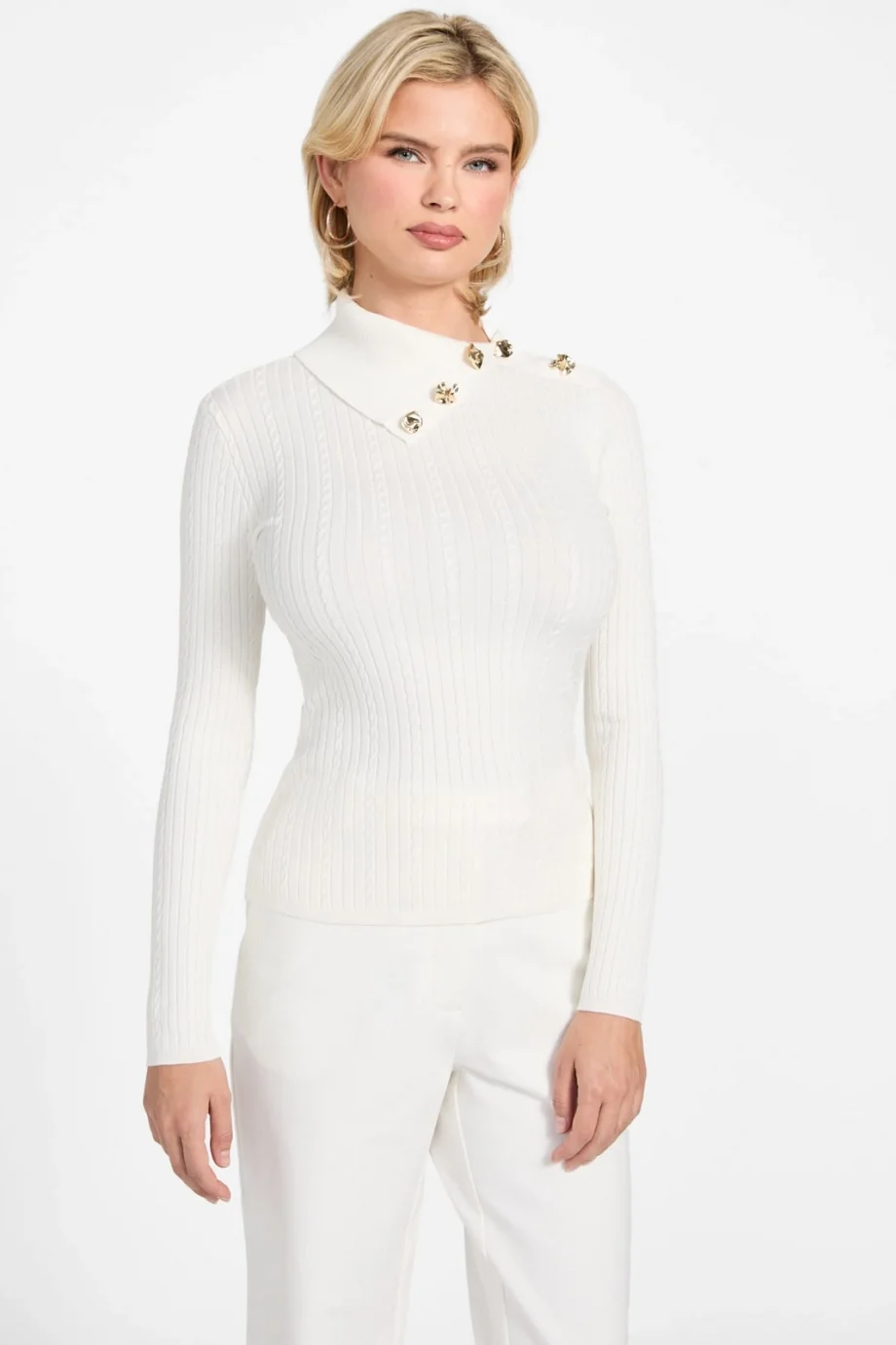 Guess Uzun Kollu Balıkçı Yaka Priscilla Saç Örgü Fitilli Triko Kadın Beyaz Triko W6RR07Z2YK2-G1O6