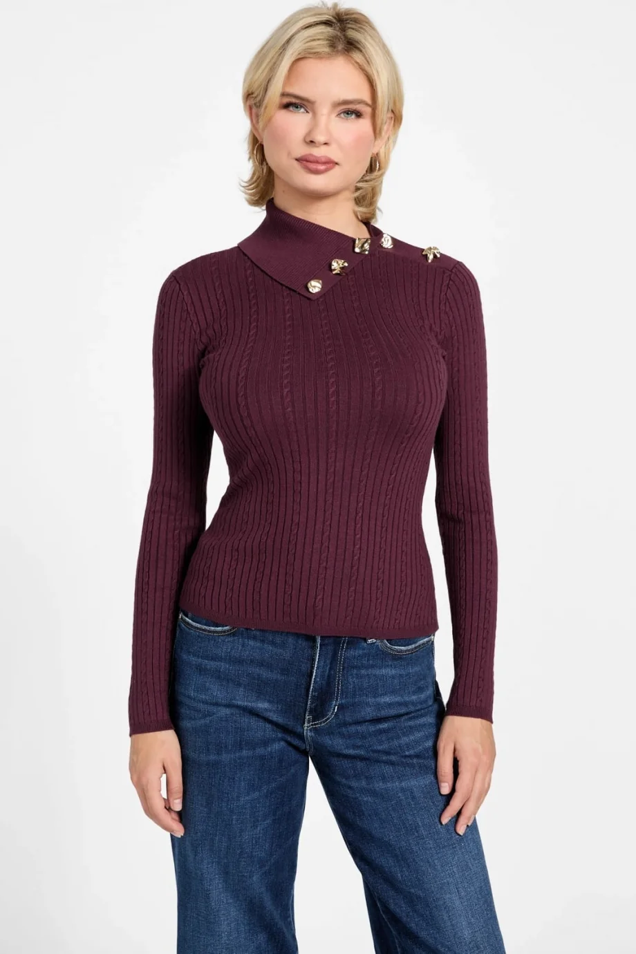 Guess Uzun Kollu Balıkçı Yaka Priscilla Saç Örgü Fitilli Triko Kadın Bordo Triko W6RR07Z2YK2-RGP