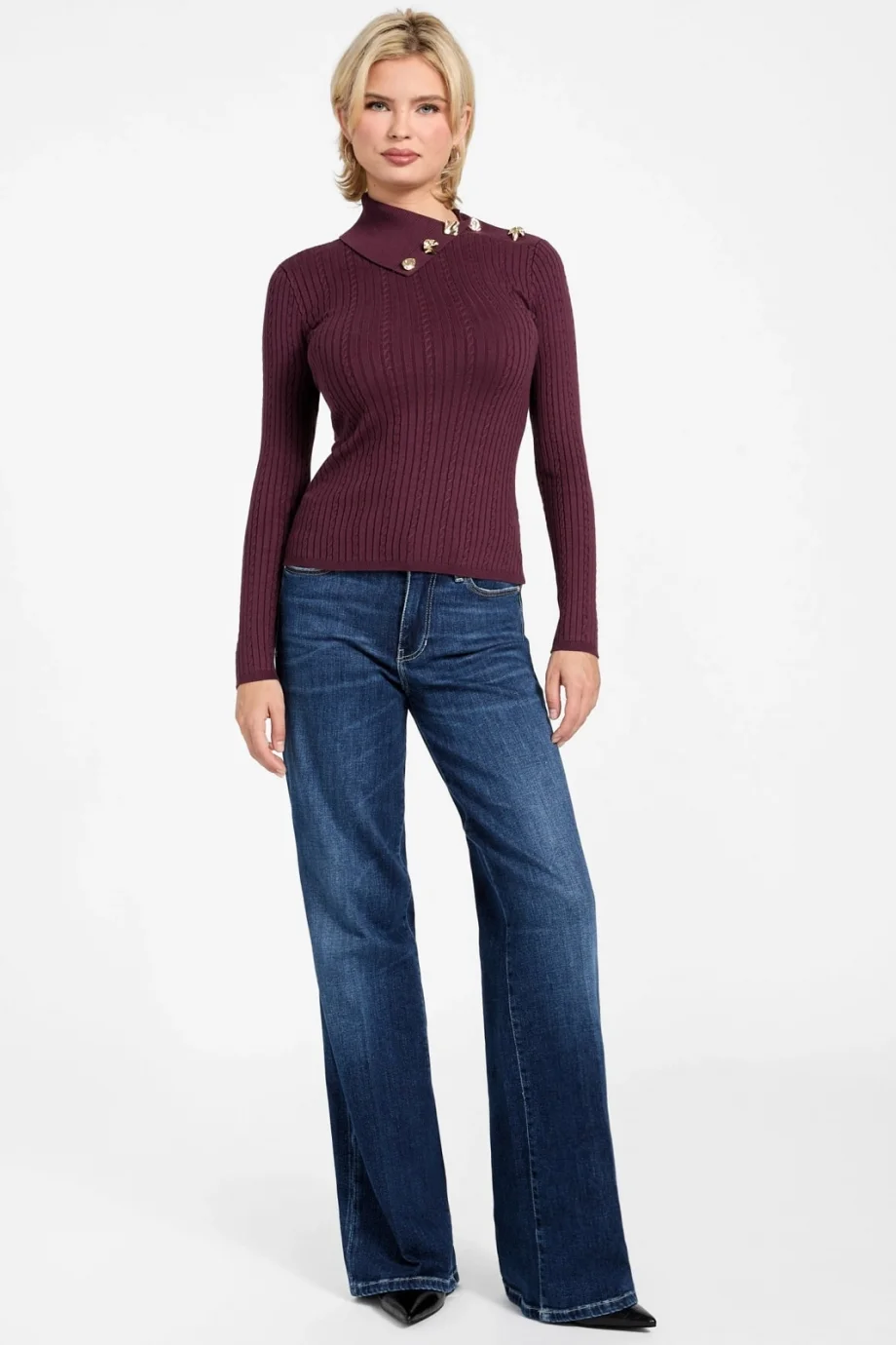 Guess Uzun Kollu Balıkçı Yaka Priscilla Saç Örgü Fitilli Triko Kadın Bordo Triko W6RR07Z2YK2-RGP