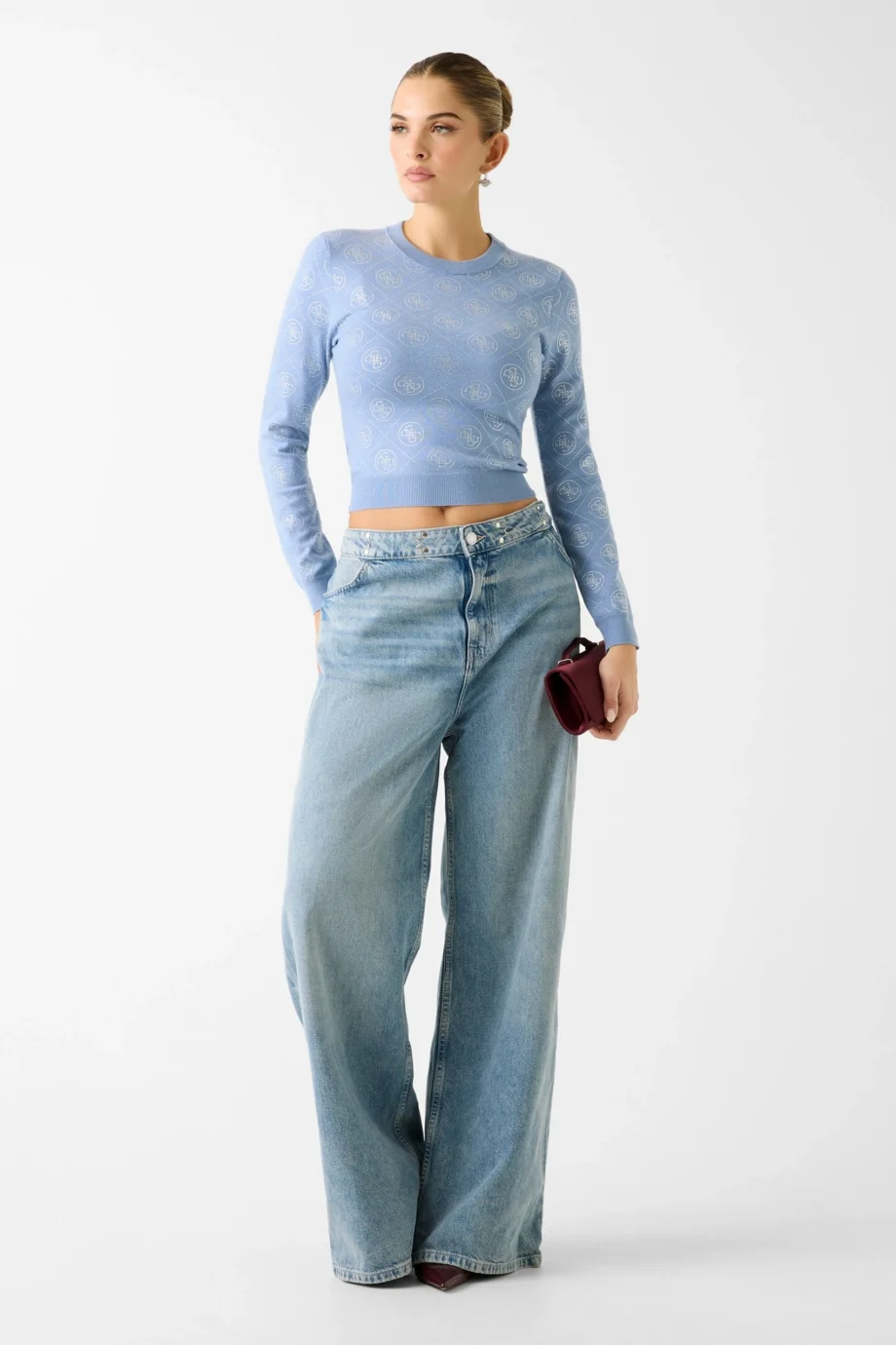 Guess Uzun Kollu Bisiklet Yaka Taş İşlemeli 4G Triko Kadın Mavi Triko W6RR66Z3JD2-G7FI