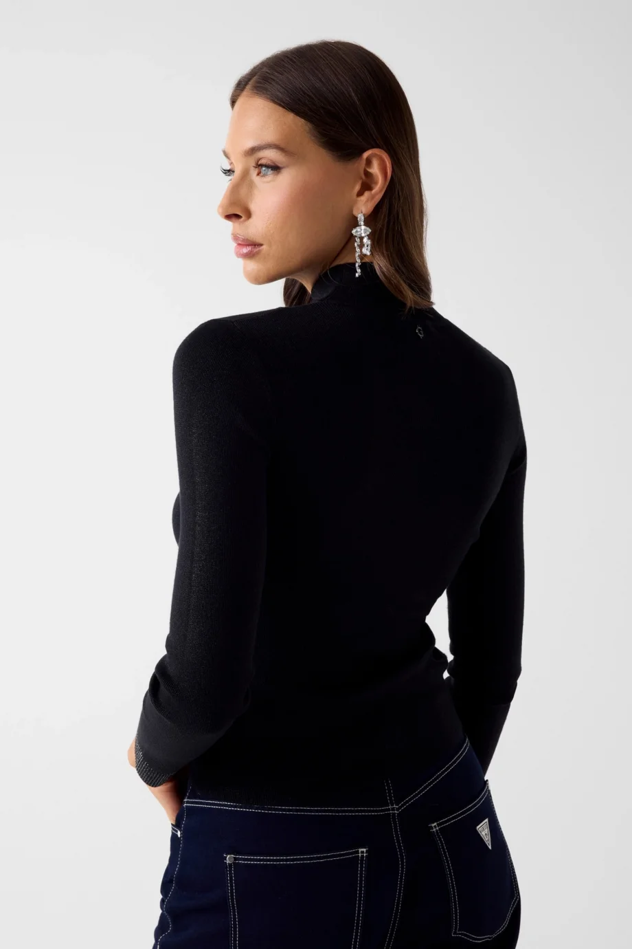 Guess Uzun Kollu Dik Yaka Lucy Taş İşlemeli Triko Kadın Siyah Triko W6RR45Z4842-JBLK