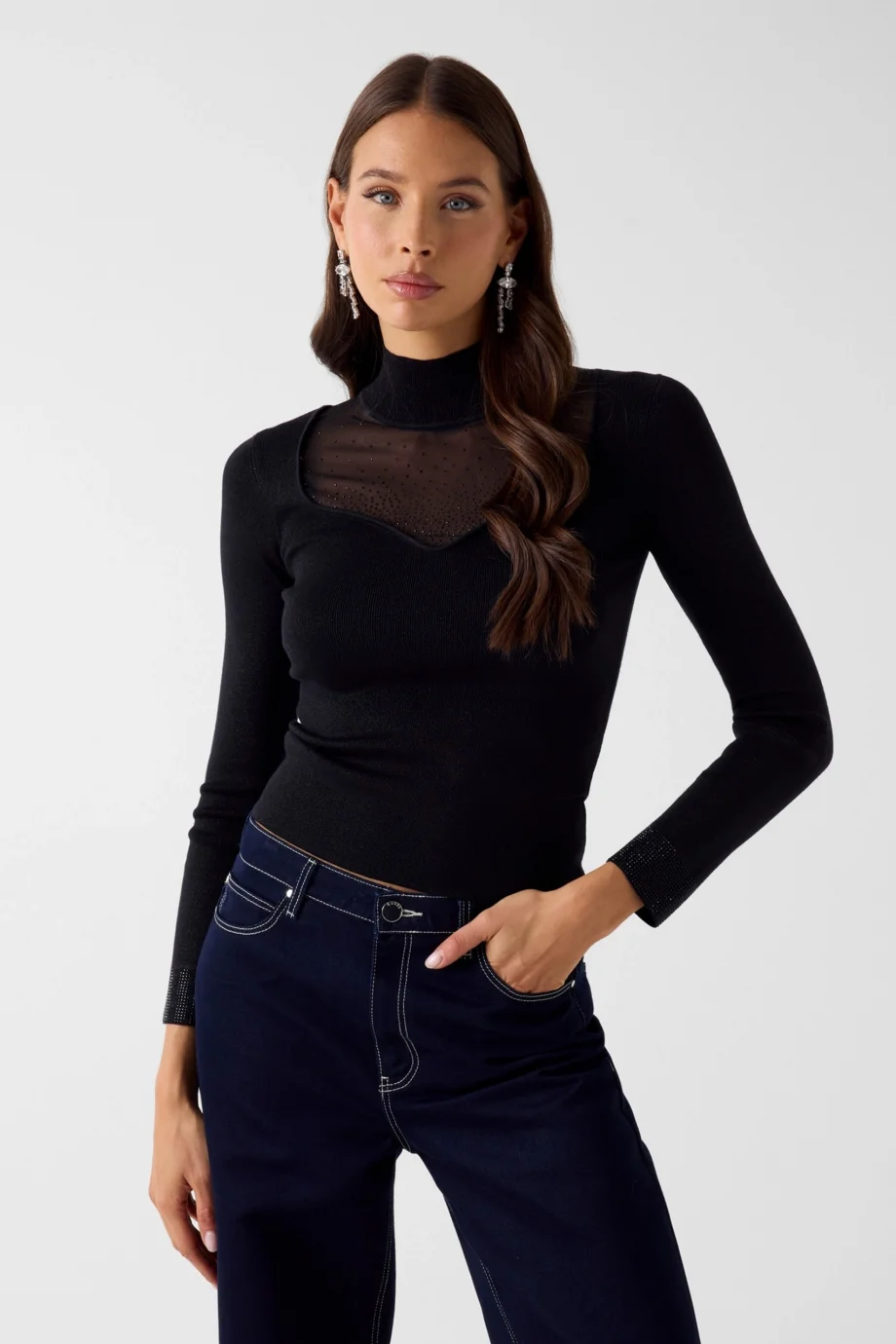 Guess Uzun Kollu Dik Yaka Lucy Taş İşlemeli Triko Kadın Siyah Triko W6RR45Z4842-JBLK