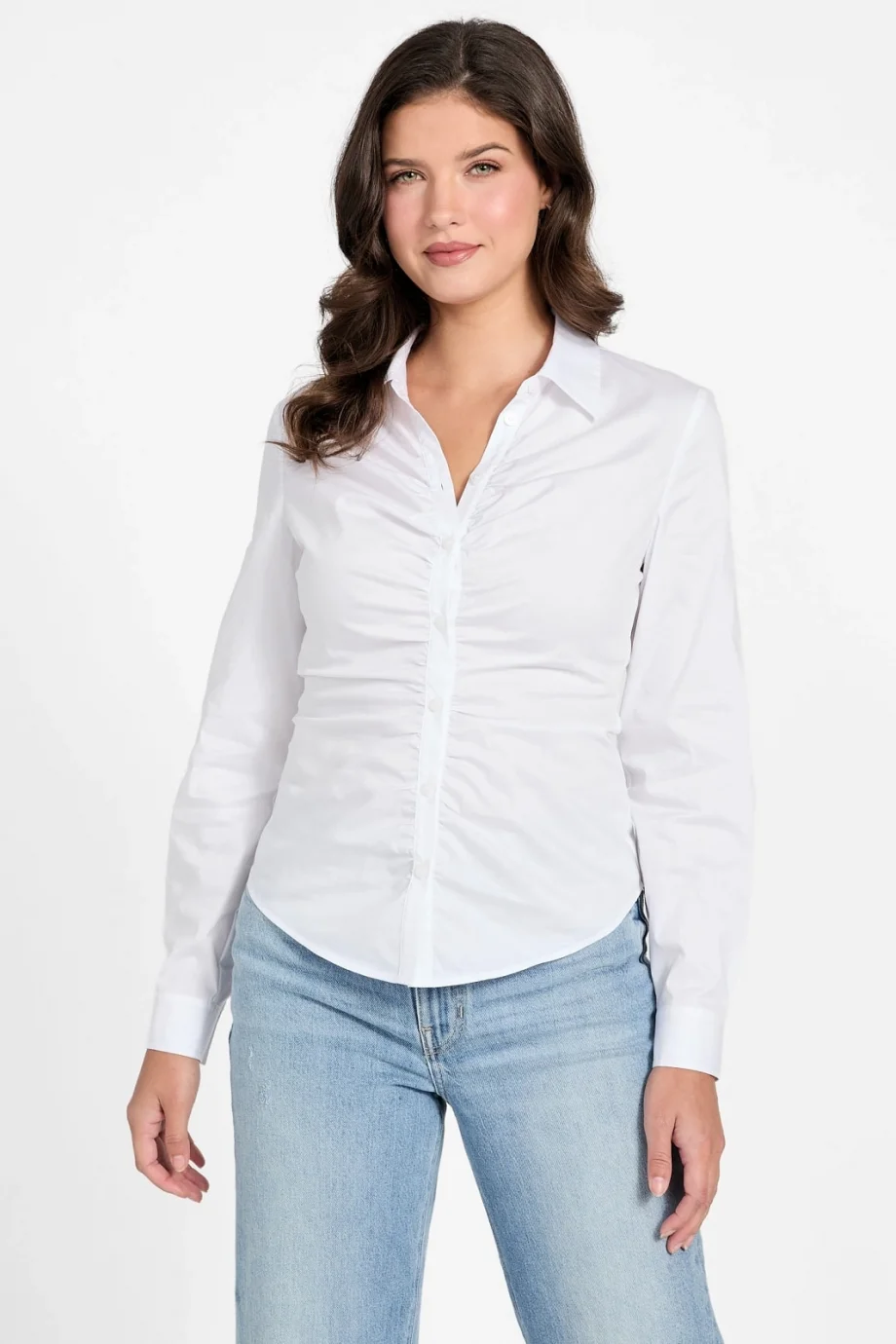 Guess Uzun Kollu Emily Büzgülü Poplin Kadın Beyaz Gömlek W6RH85W1LU1-G011