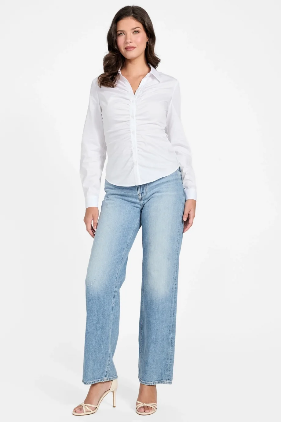 Guess Uzun Kollu Emily Büzgülü Poplin Kadın Beyaz Gömlek W6RH85W1LU1-G011