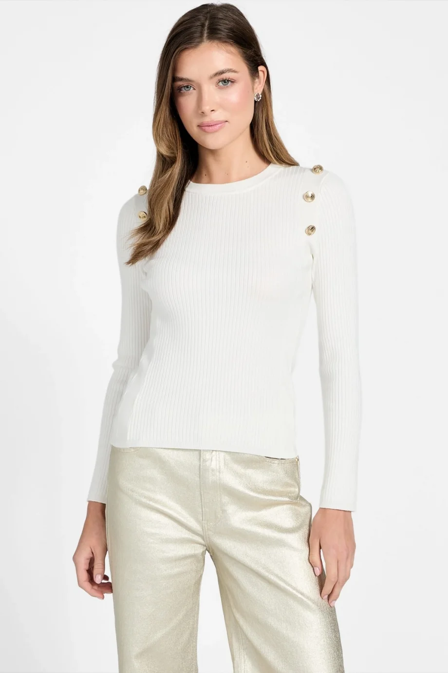 Guess Uzun Kollu Fitilli Logolu Düğmeli Vonn Kadın Beyaz Triko W6RR58Z2YK2-G1O6