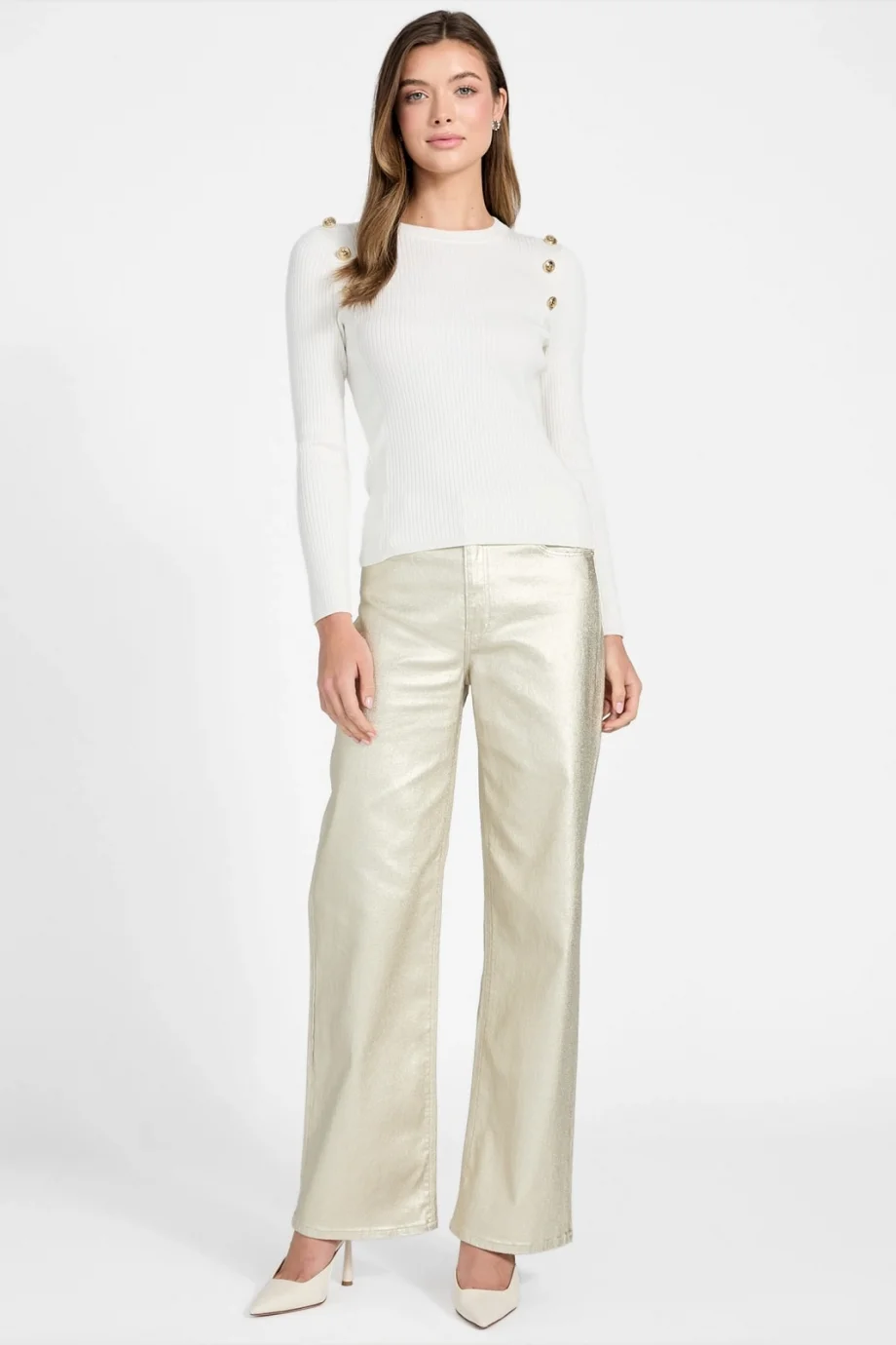 Guess Uzun Kollu Fitilli Logolu Düğmeli Vonn Kadın Beyaz Triko W6RR58Z2YK2-G1O6